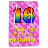 16e verjaardag: leuke roze harten strepen; regenbo medium cadeauzakje (Voorkant)