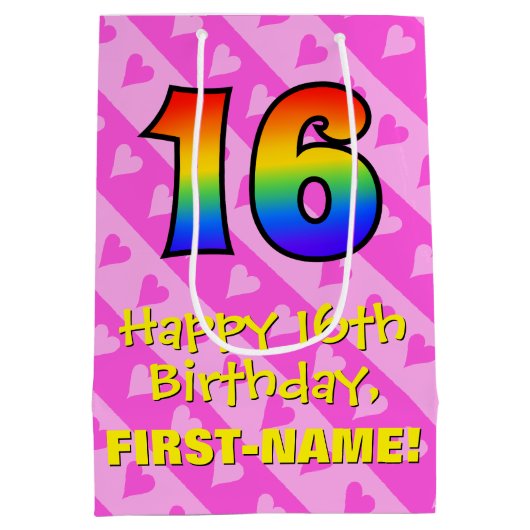 16e verjaardag: leuke roze harten strepen; regenbo medium cadeauzakje (Achterkant)