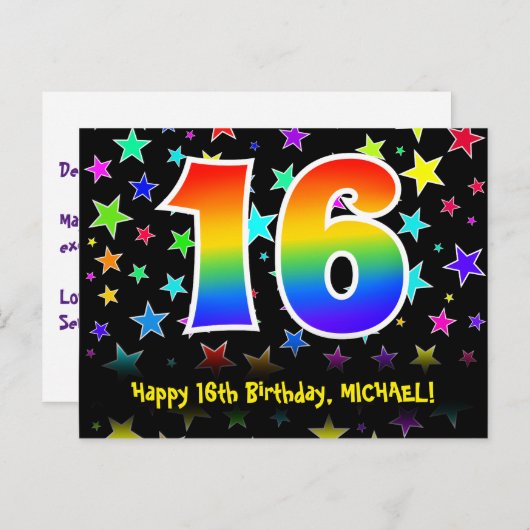 16e Verjaardag: Leuke sterrenprint, Regenboog 16, Briefkaart (Voorkant / Achterkant)