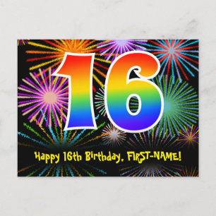 16e verjaardag – Leuke vuurwerkpatroon + Regenboog Briefkaart