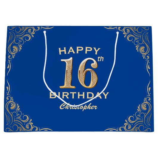 16e verjaardag Lijst Blauw en Glitter Glitter Groot Cadeauzakje (Voorkant)