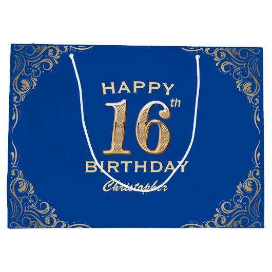 16e verjaardag Lijst Blauw en Glitter Glitter Groot Cadeauzakje (Achterkant)