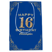 16e verjaardag Lijst Blauw en Glitter Glitter Medium Cadeauzakje (Voorkant)