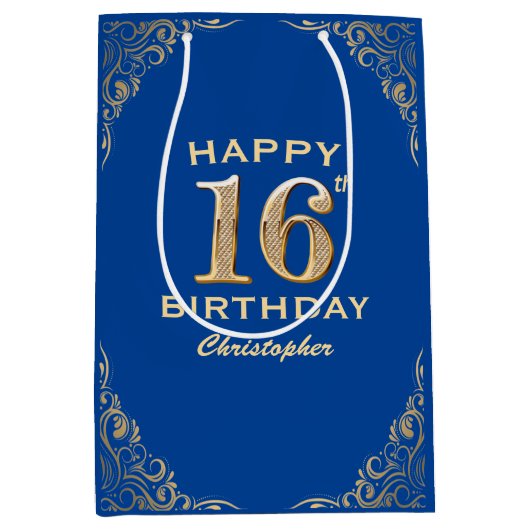 16e verjaardag Lijst Blauw en Glitter Glitter Medium Cadeauzakje (Voorkant)