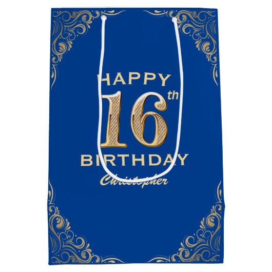 16e verjaardag Lijst Blauw en Glitter Glitter Medium Cadeauzakje (Achterkant)