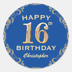 16e verjaardag Lijst Blauw en Glitter Glitter Ronde Sticker