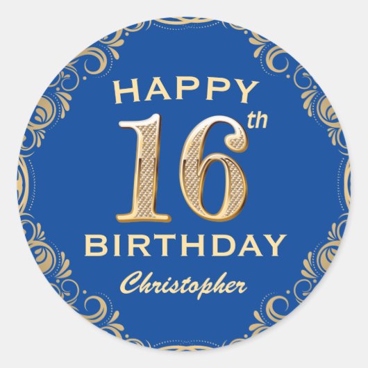 16e verjaardag Lijst Blauw en Glitter Glitter Ronde Sticker (Voorkant)
