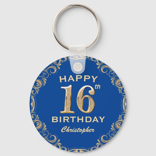 16e verjaardag Lijst Blauw en Glitter Glitter Sleutelhanger (Voorkant)