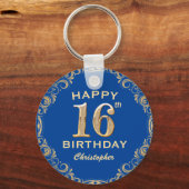 16e verjaardag Lijst Blauw en Glitter Glitter Sleutelhanger (Voorkant)