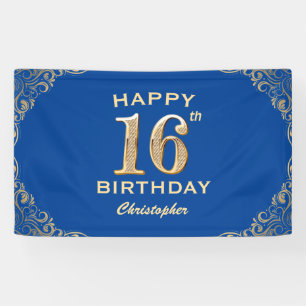 16e verjaardag Lijst Blauw en Glitter Glitter Spandoek