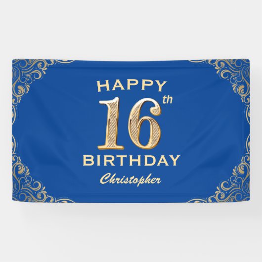 16e verjaardag Lijst Blauw en Glitter Glitter Spandoek (Horizontaal)