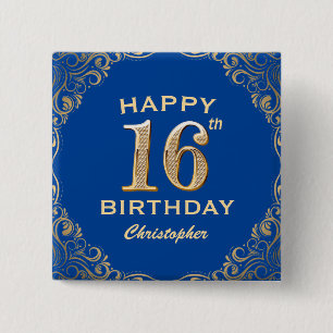 16e verjaardag Lijst Blauw en Glitter Glitter Vierkante Button 5,1 Cm