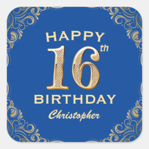 16e verjaardag Lijst Blauw en Glitter Glitter Vierkante Sticker
