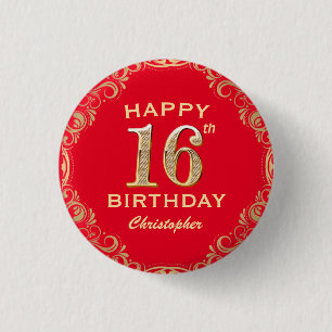 16e verjaardag Lijst van Red en Gold Glitter Ronde Button 3,2 Cm