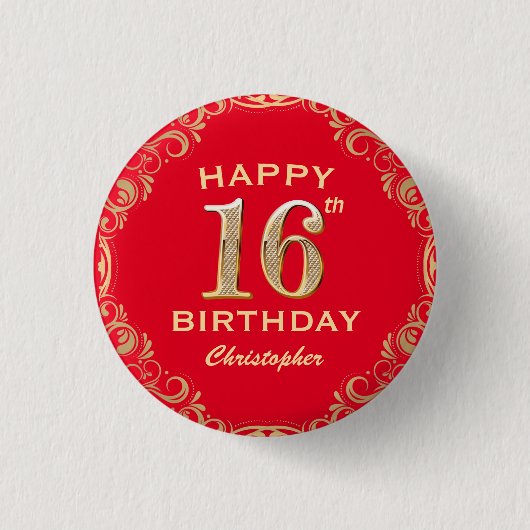 16e verjaardag Lijst van Red en Gold Glitter Ronde Button 3,2 Cm (Voorkant)