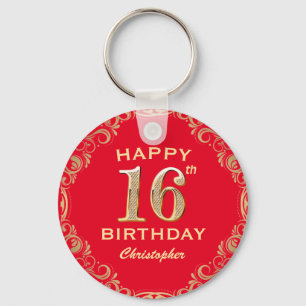 16e verjaardag Lijst van Red en Gold Glitter Sleutelhanger