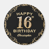 16e verjaardag Lijst voor zwarte en goudglitter Magneet (Voorkant)