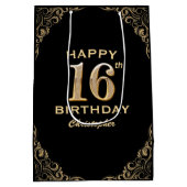 16e verjaardag Lijst voor zwarte en goudglitter Medium Cadeauzakje (Achterkant)