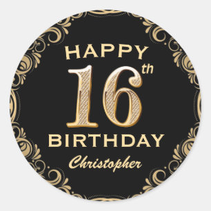 16e verjaardag Lijst voor zwarte en goudglitter Ronde Sticker
