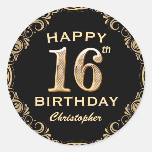16e verjaardag Lijst voor zwarte en goudglitter Ronde Sticker (Voorkant)