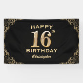 16e verjaardag Lijst voor zwarte en goudglitter Spandoek (Horizontaal)