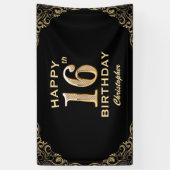 16e verjaardag Lijst voor zwarte en goudglitter Spandoek (Verticaal)