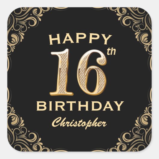 16e verjaardag Lijst voor zwarte en goudglitter Vierkante Sticker (Voorkant)