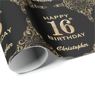 16e verjaardag Lijst zwarte en goudglitter Cadeaupapier