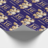 16e verjaardag marineblauw en goudballonnen cadeaupapier (Hoek)