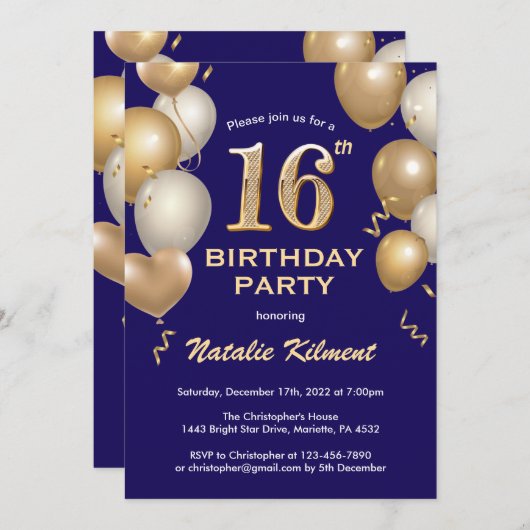 16e verjaardag marineblauw en goudballonnen kaart (Voorkant / Achterkant)