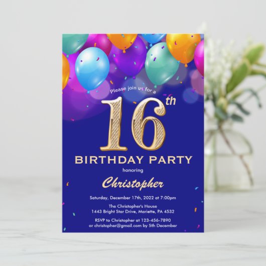 16e verjaardag marinenblauw en goudkleurige ballon kaart (Staand voorkant)