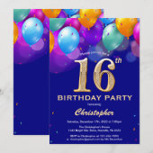 16e verjaardag marinenblauw en goudkleurige ballon kaart (Voorkant / Achterkant)