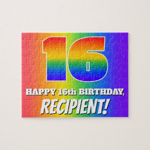 16e verjaardag — Meerkleurig regenboogpatroon "16" Legpuzzel