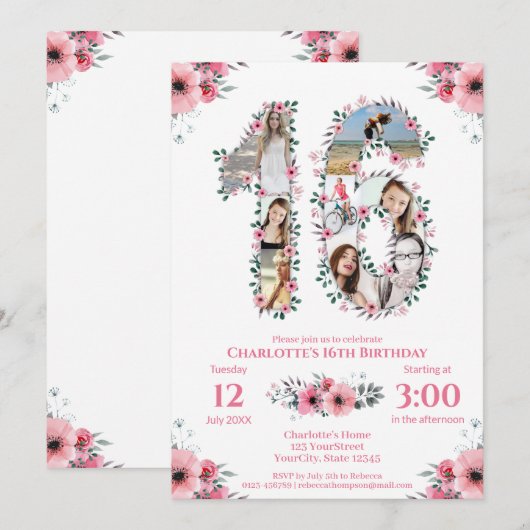 16e verjaardag meisje Foto collage roze ventilator Kaart (Voorkant / Achterkant)
