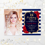 16e verjaardag met foto - marinegoud rood kaart<br><div class="desc">16e verjaardag uitnodiging met je foto. Met witte strepen,  scriptlettertype,  rode rozen en confetti. Classy royal blue red design met faux glitter Gold. Ideaal voor een elegante zoete zestiendaagse viering.</div>