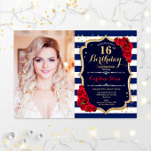 16e verjaardag met foto - marinegoud rood kaart