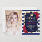 16e verjaardag met foto - marinegoud rood kaart (Voorkant)
