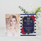 16e verjaardag met foto - marinegoud rood kaart (Staand voorkant)