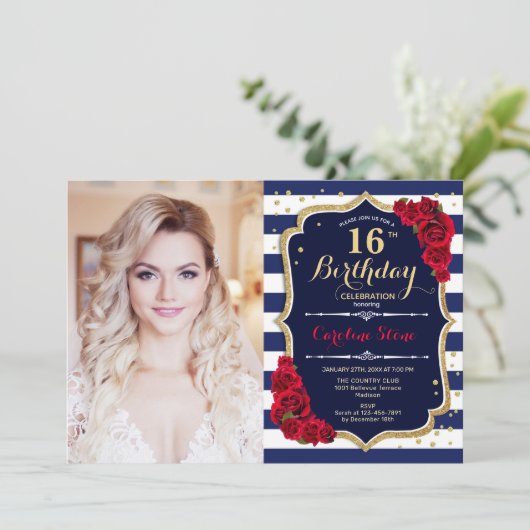 16e verjaardag met foto - marinegoud rood kaart (Staand voorkant)