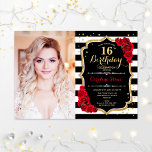 16e verjaardag met foto - Red Gold Black Kaart<br><div class="desc">16e verjaardag uitnodiging met je foto. Met zwarte witte strepen,  scriptlettertype,  rode rozen en confetti. Klein zwart wit rood met faux glitter Gold. Ideaal voor een elegante zestiendaagse viering.</div>