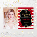 16e verjaardag met foto - zwart Gold Red Kaart<br><div class="desc">16e verjaardag uitnodiging met je foto. Met donkerrode strepen,  scriptlettertype,  rozen en confetti. Klein zwart wit rood met faux glitter Gold. Ideaal voor een elegante zoete zestiendaagse viering.</div>