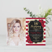 16e verjaardag met foto - zwart Gold Red Kaart (Staand voorkant)