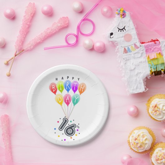 16e verjaardag met kleurrijke ballonnen papieren bordje (Feest)