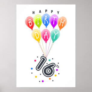 16e verjaardag met kleurrijke ballonnen poster