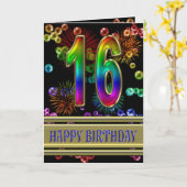 16e verjaardag met regenboogbellen en vuurwerk kaart (Gele Bloem)