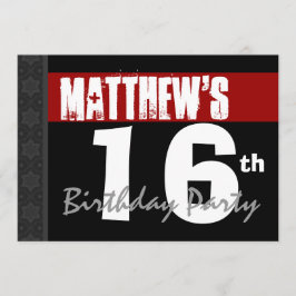 16e verjaardag Modern Red Black Stars v06 Kaart