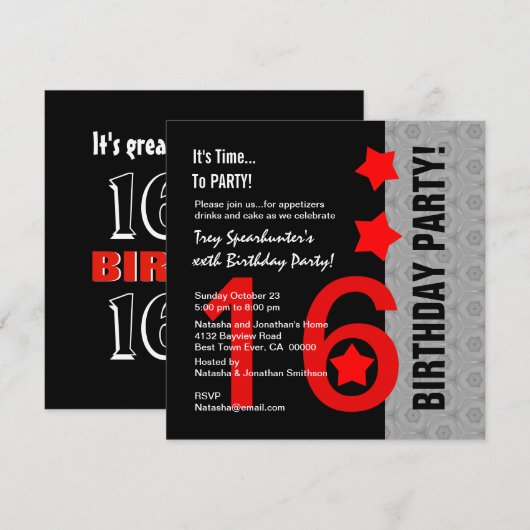 16e verjaardag Modern Red Silver Black A11A Kaart (Voorkant / Achterkant)