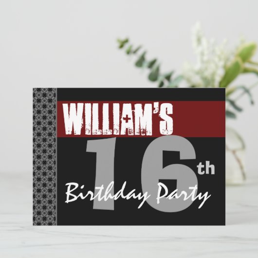 16e verjaardag Modern Red Silver W1701 Kaart (Staand voorkant)