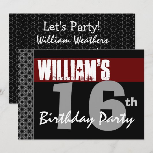 16e verjaardag Modern Red Silver W1701 Kaart (Voorkant / Achterkant)