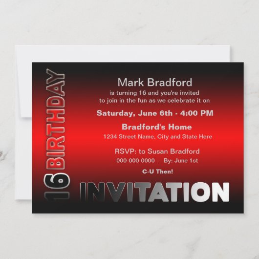 16e verjaardag - Moderne, rode/zwarte/zilver Kaart (Achterkant)